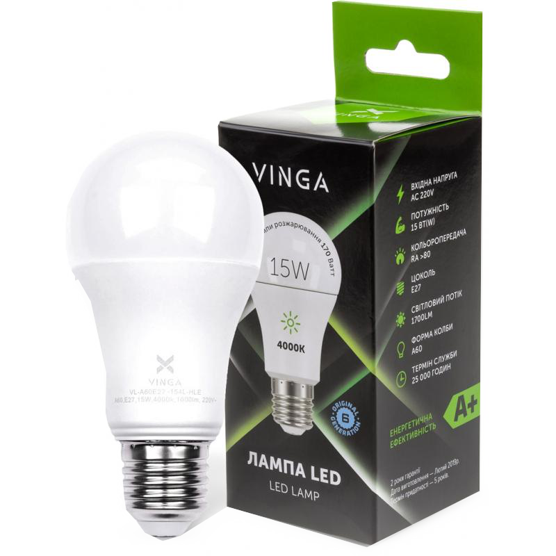 Лампа світлодіодна Vinga A60, 15Вт, E27, 4000К (VL-A60E27-154L-HLE)